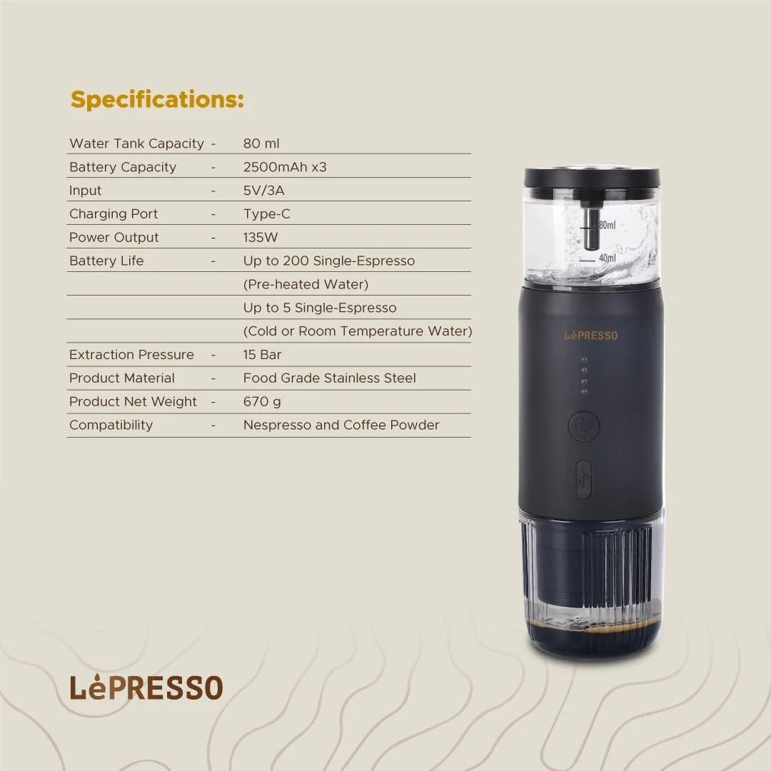 دستگاه اسپرسوساز قابل حمل LePresso با دماسنج حرارتی، خودگرم شونده با USB C، مناسب سفر و کمپینگ، 80 میلی لیتر، فشار استخراج 15 بار، توان 135 وات، سازگار با کپسول های اصلی NS دستگاه اسپرسوساز قابل حمل LePresso با دماسنج حرارتی، خودگرم شونده با USB C، مناسب سفر و کمپینگ، 80 میلی لیتر، فشار استخراج 15 بار، توان 135 وات، سازگار با کپسول های اصلی NS