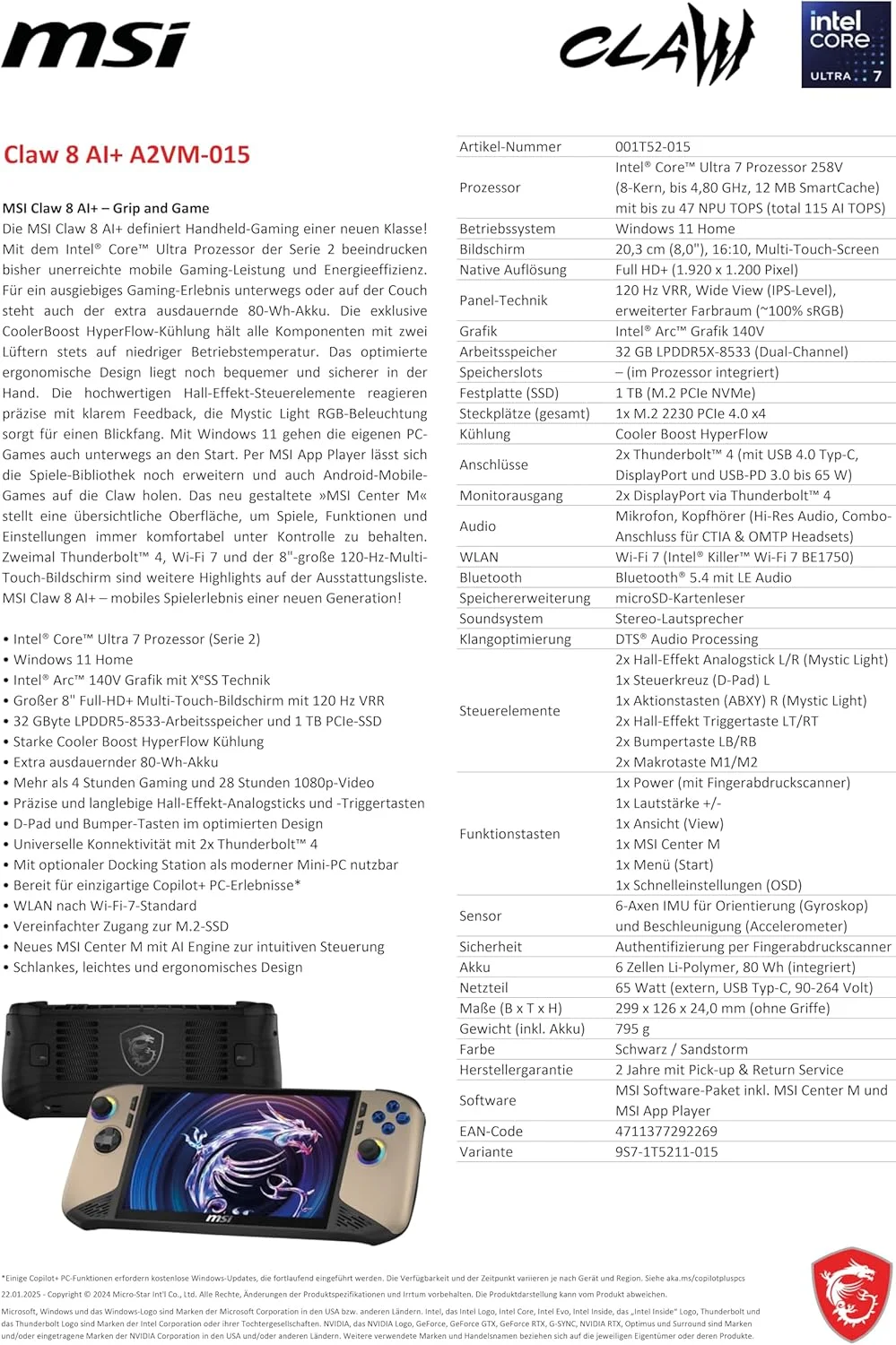 کنسول بازی دستی MSI Claw 8 AI+، صفحه نمایش 8 اینچی FHD+ 120 هرتز، پردازنده Intel Core Ultra 7 258V، رم 32 گیگابایتی، SSD 1 ترابایتی، گرافیک Intel Arc، ویندوز 11 هوم، مشکی/طوفان شن، A2VM-015 کنسول بازی دستی MSI Claw 8 AI+، صفحه نمایش 8 اینچی FHD+ 120 هرتز، پردازنده Intel Core Ultra 7 258V، رم 32 گیگابایتی، SSD 1 ترابایتی، گرافیک Intel Arc، ویندوز 11 هوم، مشکی/طوفان شن، A2VM-015