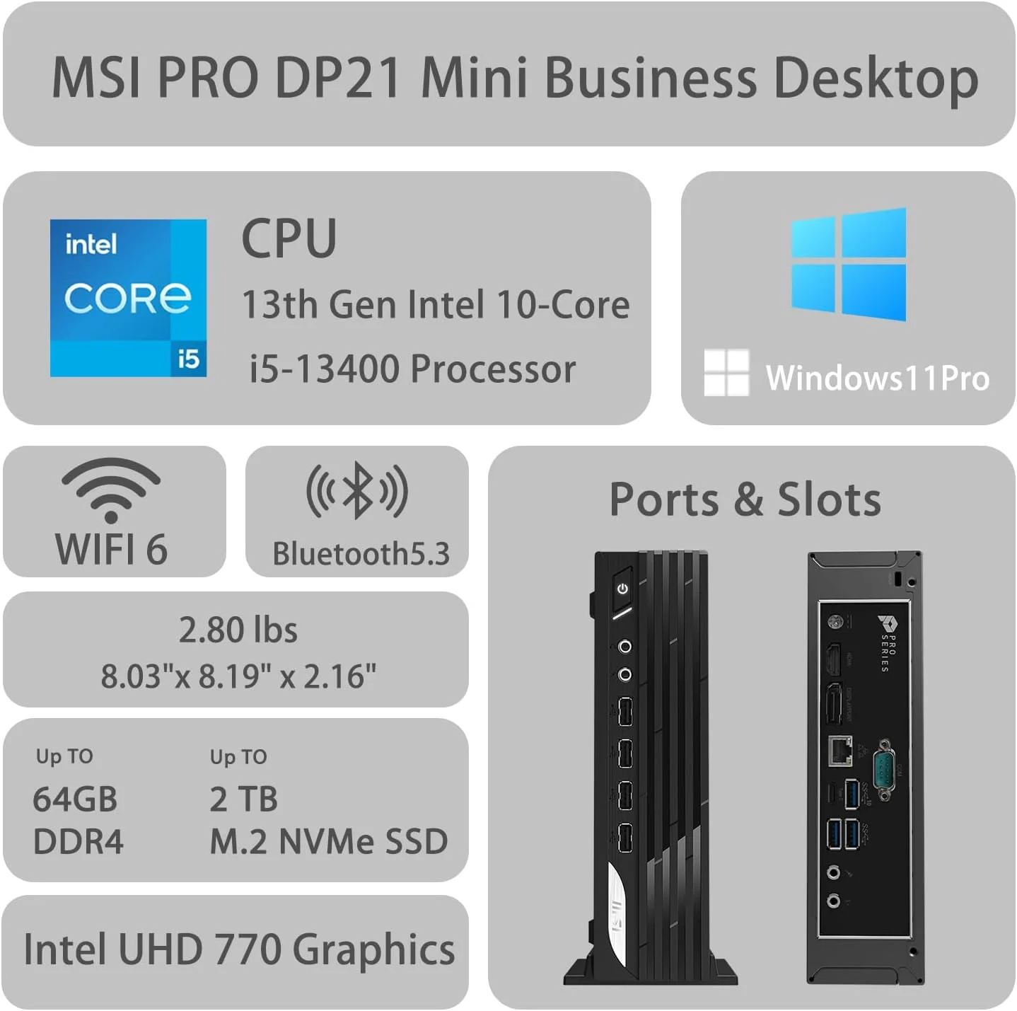 کامپیوتر رومیزی کوچک تجاری MSI PRO DP21 Mini، پردازنده نسل سیزدهم اینتل 10 هسته ای i5-13400، رم 32 گیگابایتی، SSD 1 ترابایتی، HDMI، DP، Type-C، پشتیبانی از 2 مانیتور 4K، کیبورد و ماوس سیمی، Wi-Fi 6، ویندوز 11 پرو، مشکی