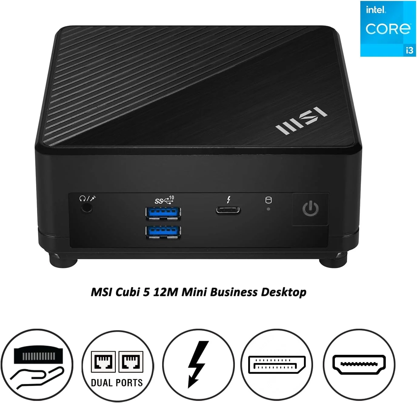 کامپیوتر رومیزی کوچک تجاری MSI Cubi 5، پردازنده Intel Core i3-1215U، رم 16 گیگابایتی، SSD 1 ترابایتی، HDMI، DisplayPort، Wi-Fi 6، Thunderbolt 4، بلوتوث، RJ-45، Windows 11 Pro