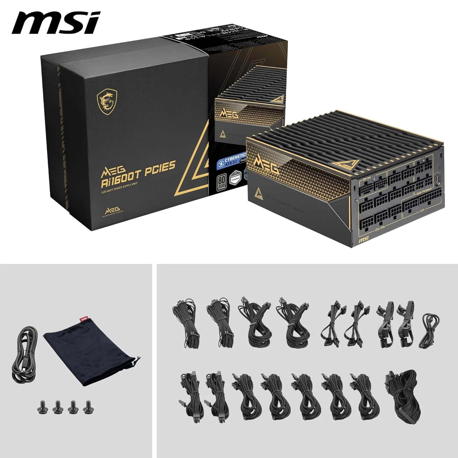 منبع تغذیه گیمینگ MSI MEG Ai1600T PCIE5 ATX 3.1 - فول ماژولار - دارای گواهینامه 80 Plus Titanium با توان 1600 وات - خازن های 100% ژاپنی 105 درجه سانتیگراد - ATX PSU - دارای 12 سال گارانتی منبع تغذیه گیمینگ MSI MEG Ai1600T PCIE5 ATX 3.1 - فول ماژولار - دارای گواهینامه 80 Plus Titanium با توان 1600 وات - خازن های 100% ژاپنی 105 درجه سانتیگراد - ATX PSU - دارای 12 سال گارانتی