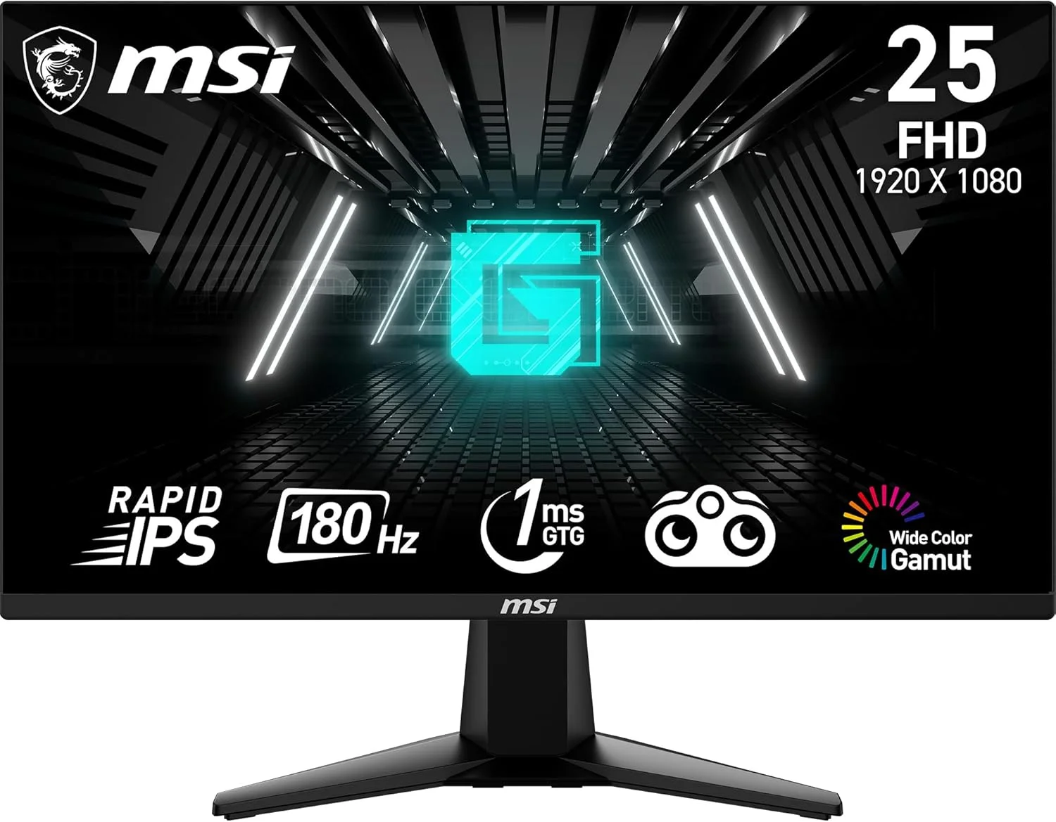 مانیتور گیمینگ 25 اینچی MSI G255F با رزولوشن 1920x1080 (FHD)، پنل Rapid IPS، نرخ بروزرسانی 180 هرتز، Adaptive Sync، زمان پاسخگویی 1 میلی‌ثانیه، دارای HDMI، DisplayPort، قابلیت نصب VESA و قابلیت تنظیم شیب