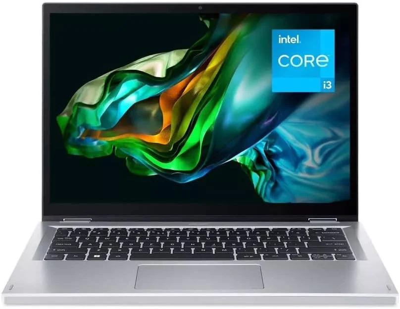لپ تاپ تبدیل شونده Acer Aspire 3 Spin 14، صفحه نمایش لمسی 14 اینچی 1920x1200 WUXGA IPS، پردازنده Intel Core i3، گرافیک Intel UHD، رم 8 گیگابایتی LPDDR5، حافظه SSD 256 گیگابایتی، Wi-Fi 6، ویندوز 11 Home در حالت S، نقره ای، A3SP14-31PT-38YA