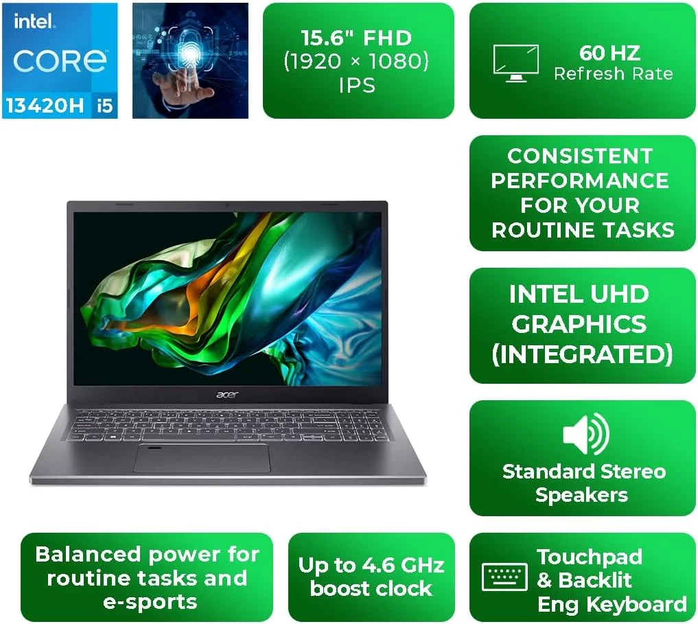 لپ تاپ Acer Aspire 5 A515-58M-53ES | نسل سیزدهم پردازنده Intel Core i5-13420H | صفحه نمایش 15.6 اینچی FHD IPS | 8 گیگابایت رم LPDDR5 | 1 ترابایت SSD | ویندوز 11 | کیبورد با نور پس زمینه | حسگر اثر انگشت (ارتقا یافته) | خاکستری استیل لپ تاپ Acer Aspire 5 A515-58M-53ES | نسل سیزدهم پردازنده Intel Core i5-13420H | صفحه نمایش 15.6 اینچی FHD IPS | 8 گیگابایت رم LPDDR5 | 1 ترابایت SSD | ویندوز 11 | کیبورد با نور پس زمینه | حسگر اثر انگشت (ارتقا یافته) | خاکستری استیل