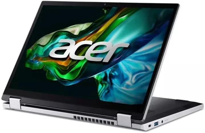 لپ تاپ تبدیل شونده Acer Aspire 3 Spin 14، صفحه نمایش لمسی 14 اینچی 1920x1200 WUXGA IPS، پردازنده Intel Core i3، گرافیک Intel UHD، رم 8 گیگابایتی LPDDR5، حافظه SSD 256 گیگابایتی، Wi-Fi 6، ویندوز 11 Home در حالت S، نقره ای، A3SP14-31PT-38YA