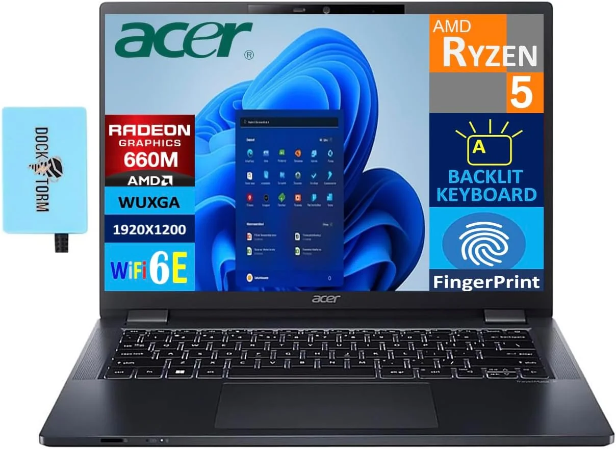 لپ تاپ تجاری Acer TravelMate P4، 14 اینچ FHD+ (Ryzen 5 PRO 6650U بهتر از i7-1255u، رم 32 گیگابایتی، SSD 1 ترابایتی، AMD Radeon 660M، اثر انگشت، توسعه دهنده USB، ویندوز 11 پرو) - ایده آل برای کار و متخصصان