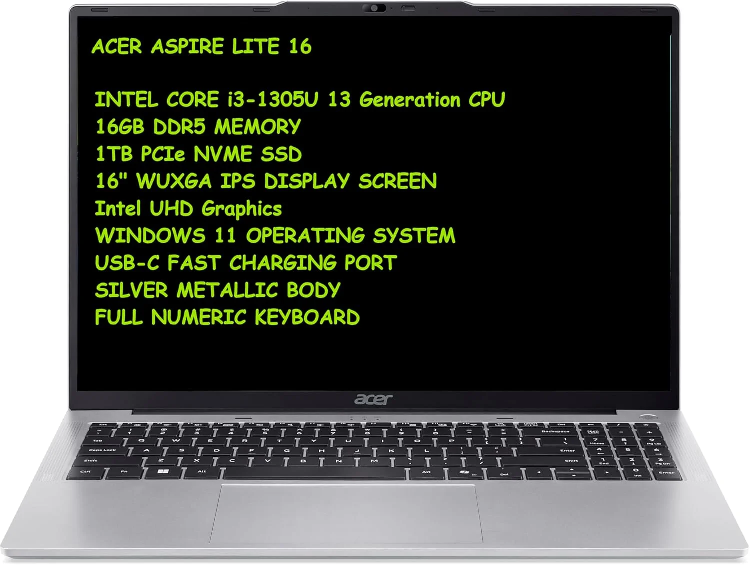 لپ تاپ 16 اینچی Acer Aspire Lite | نسل سیزدهم پردازنده Intel Core i3-1305U | رم 16 گیگابایتی DDR5 | حافظه SSD 1 ترابایتی | صفحه نمایش WUXGA IPS | گرافیک Intel UHD با ویندوز 11 پرو (ارتقا یافته) - نقره ای