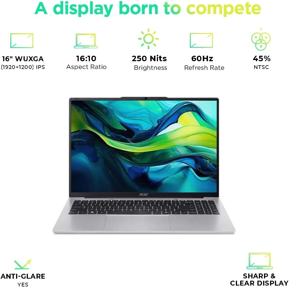 لپ تاپ 16 اینچی Acer Aspire Lite مدل AL16-52P-52JZ | پردازنده نسل سیزدهم Intel Core i5-1334U | رم 16 گیگابایتی DDR5 | حافظه SSD 512 گیگابایتی | گرافیک UHD | صفحه نمایش IPS ComfyView | ویندوز 11 پرو (ارتقا یافته) - نقره ای روشن