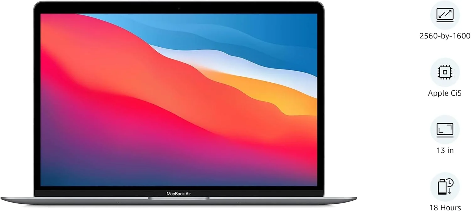 (بازسازی شده) لپ تاپ Apple 2020 MacBook Air: تراشه Apple M1، صفحه نمایش 13 اینچی Retina، رم 8 گیگابایتی، حافظه SSD 256 گیگابایتی، صفحه کلید با نور پس زمینه، دوربین FaceTime HD، Touch ID. سازگار با iPhone/iPad; خاکستری فضایی; انگلیسی