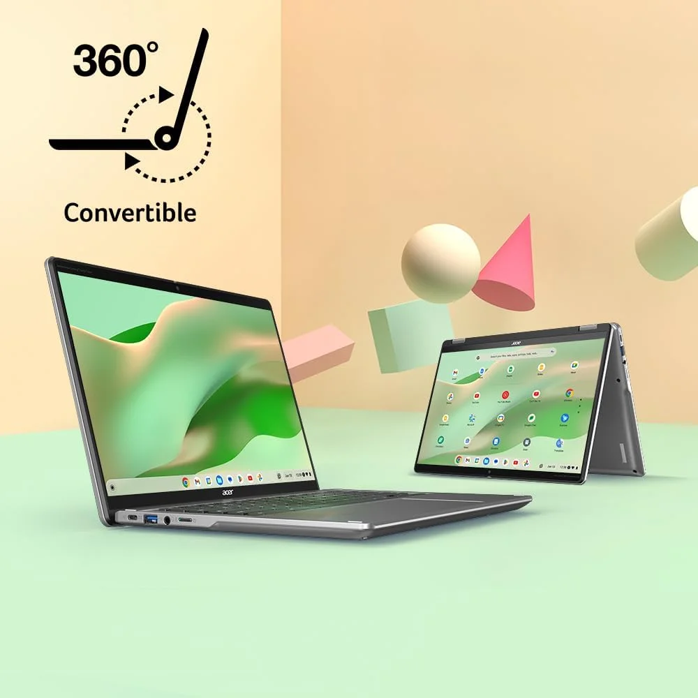 لپ تاپ تبدیل شونده Acer Chromebook Spin 314 CP314-2HN-318R، پردازنده Intel Core i3-N305، صفحه نمایش لمسی 14 اینچی WUXGA IPS Corning Gorilla Glass، رم 8 گیگابایتی LPDDR5، حافظه SSD PCIe 128 گیگابایتی، Wi-Fi 6E، وب کم Full HD، سیستم عامل Chrome