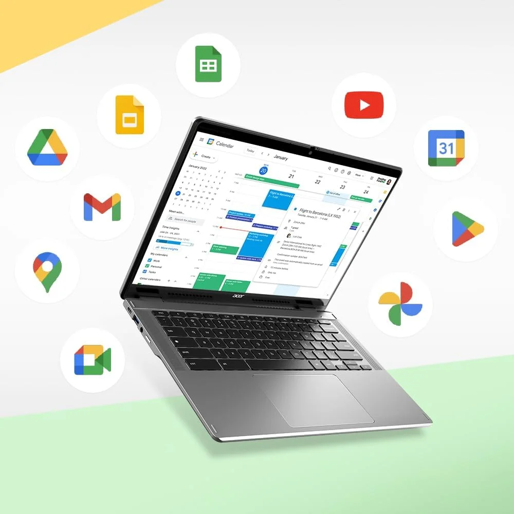 لپ تاپ تبدیل شونده Acer Chromebook Spin 314 CP314-2HN-318R، پردازنده Intel Core i3-N305، صفحه نمایش لمسی 14 اینچی WUXGA IPS Corning Gorilla Glass، رم 8 گیگابایتی LPDDR5، حافظه SSD PCIe 128 گیگابایتی، Wi-Fi 6E، وب کم Full HD، سیستم عامل Chrome