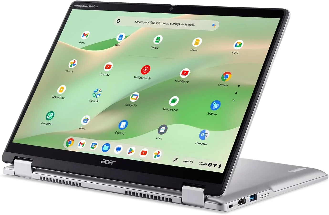 لپ تاپ تبدیل شونده Acer Chromebook Spin 314 CP314-2HN-318R، پردازنده Intel Core i3-N305، صفحه نمایش لمسی 14 اینچی WUXGA IPS Corning Gorilla Glass، رم 8 گیگابایتی LPDDR5، حافظه SSD PCIe 128 گیگابایتی، Wi-Fi 6E، وب کم Full HD، سیستم عامل Chrome