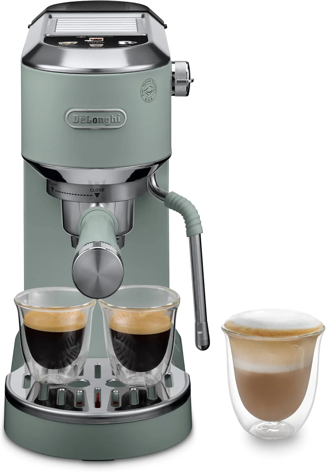 دستگاه اسپرسوساز De'Longhi Dedica Duo EC890.GR، دستگاه قهوه باریستا با پمپ، اسپرسو و دم سرد، دستگاه دستی با میله بخار LatteArt، عرض 15 سانتی متر، 2 اسپرسو، صفحه لمسی، فنجان تا 13 سانتی متر، سبز