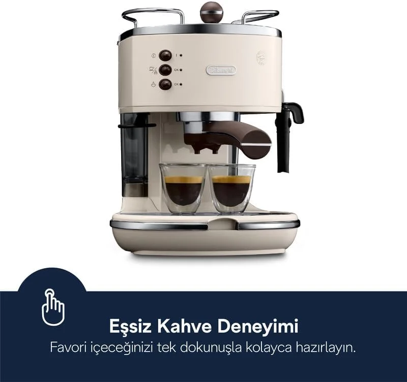 دستگاه اسپرسوساز پمپی باریستا سنتی De'Longhi Vintage Icona، قهوه و کاپوچینو ساز، ECOV311BG، 1.4 لیتر، کرم