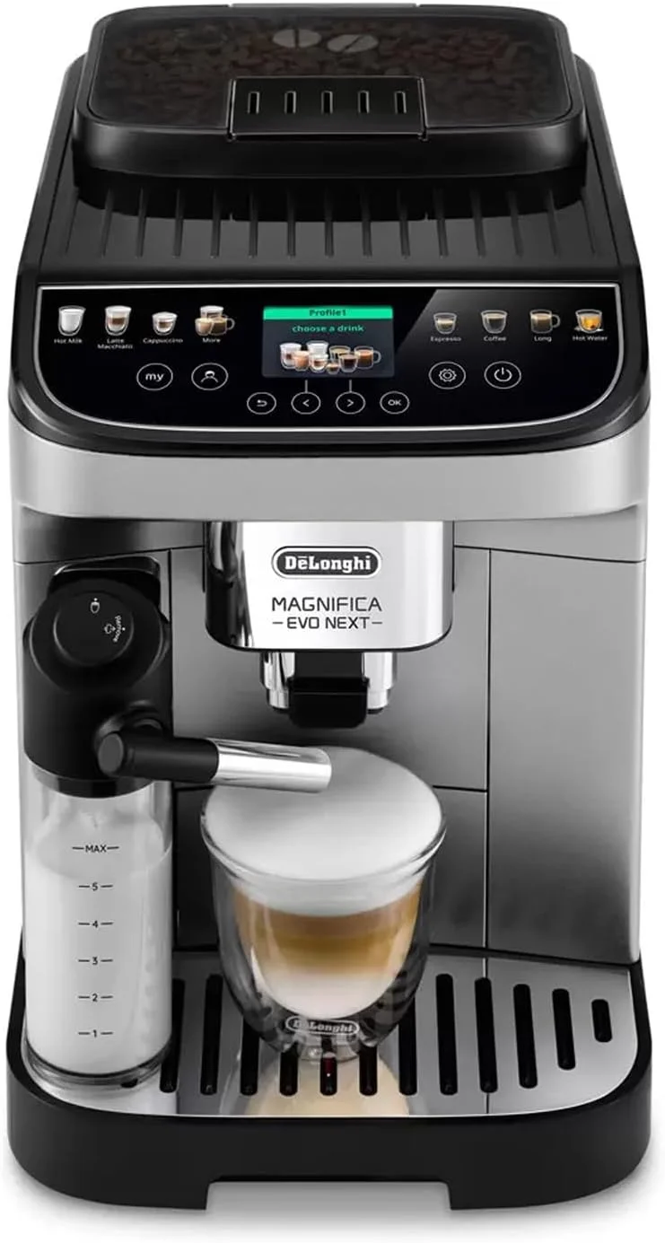 دستگاه قهوه ساز دانه به فنجان دلونگی مگنifica Evo Next مدل ECAM310.80.SB - مخزن آب 1.9 لیتری، 13 نوشیدنی قهوه و شیر، پنل کنترل بصری با 6 دکمه رنگی و لمسی نرم، فشار 15 بار