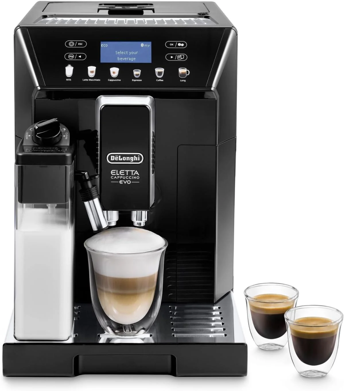 اسپرسوساز تمام اتوماتیک دلونگی Eletta Cappuccino Evo ECAM 46.860.B (مشکی) | دارای فوم ساز شیر | آسیاب قهوه یکپارچه | صفحه نمایش LCD | دکمه های لمسی نرم | ساخت ایتالیا