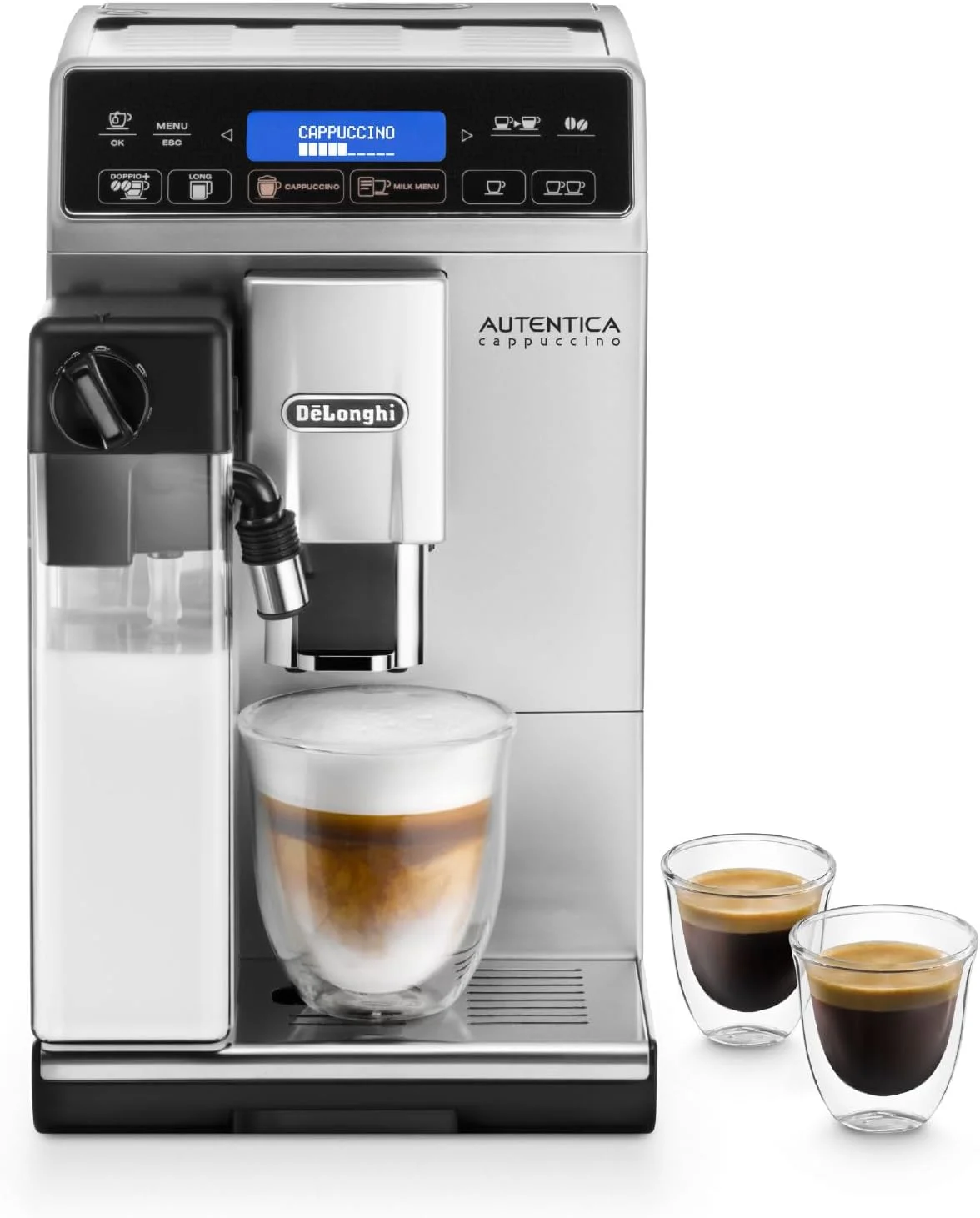 دستگاه اسپرسوساز تمام اتوماتیک De'Longhi Autentica Cappuccino، دستگاه قهوه ساز دانه به فنجان، ETAM29.660.SB، نقره ای و مشکی