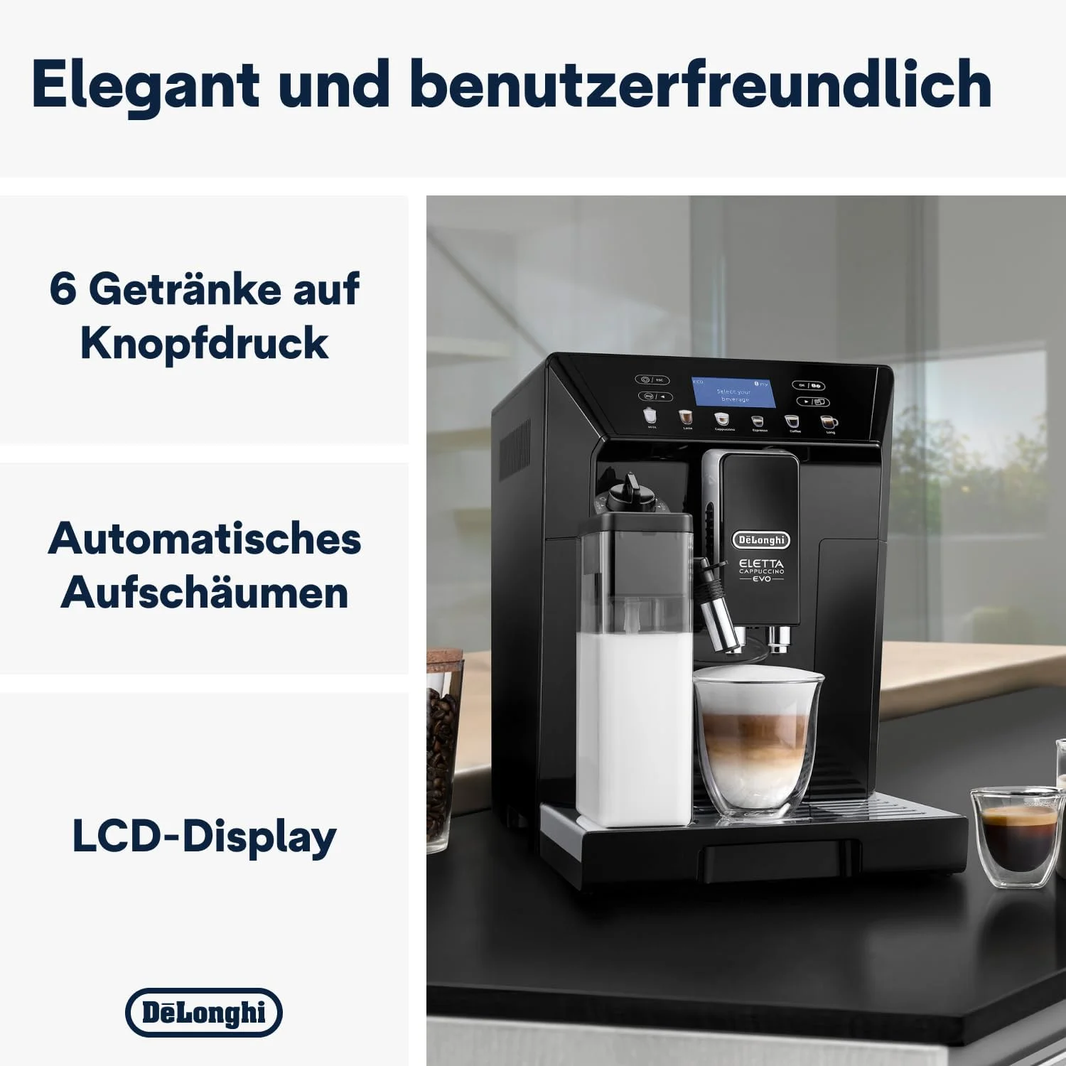 اسپرسوساز تمام اتوماتیک دلونگی Eletta Cappuccino Evo ECAM 46.860.B (مشکی) | دارای فوم ساز شیر | آسیاب قهوه یکپارچه | صفحه نمایش LCD | دکمه های لمسی نرم | ساخت ایتالیا اسپرسوساز تمام اتوماتیک دلونگی Eletta Cappuccino Evo ECAM 46.860.B (مشکی) | دارای فوم ساز شیر | آسیاب قهوه یکپارچه | صفحه نمایش LCD | دکمه های لمسی نرم | ساخت ایتالیا