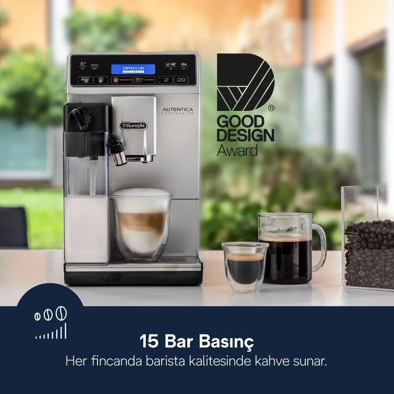 دستگاه اسپرسوساز تمام اتوماتیک De'Longhi Autentica Cappuccino، دستگاه قهوه ساز دانه به فنجان، ETAM29.660.SB، نقره ای و مشکی