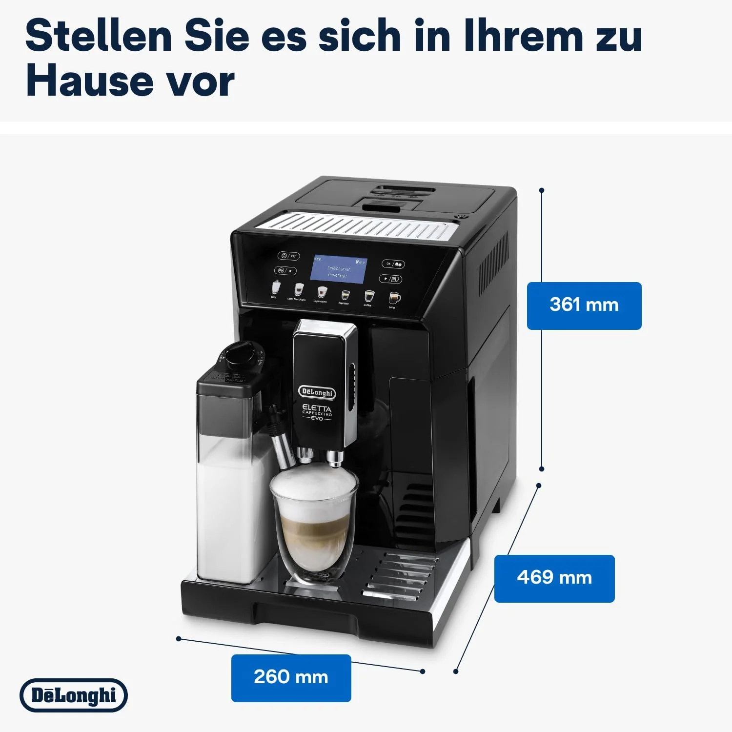 اسپرسوساز تمام اتوماتیک دلونگی Eletta Cappuccino Evo ECAM 46.860.B (مشکی) | دارای فوم ساز شیر | آسیاب قهوه یکپارچه | صفحه نمایش LCD | دکمه های لمسی نرم | ساخت ایتالیا اسپرسوساز تمام اتوماتیک دلونگی Eletta Cappuccino Evo ECAM 46.860.B (مشکی) | دارای فوم ساز شیر | آسیاب قهوه یکپارچه | صفحه نمایش LCD | دکمه های لمسی نرم | ساخت ایتالیا