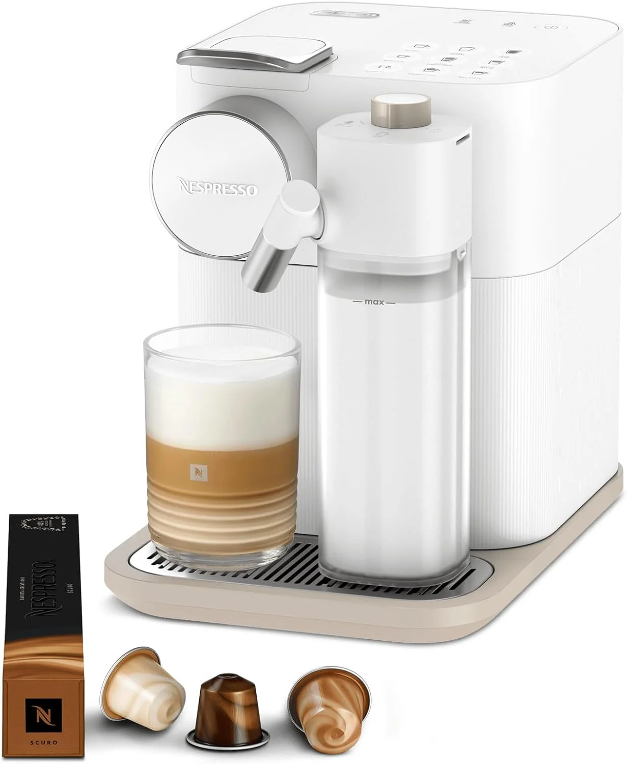 دستگاه قهوه ساز کپسولی تک نفره De'Longhi Nespresso Gran Lattissima EN650.W، شیر کف کرده اتوماتیک، کاپوچینو و لاته، 1.3 لیتر، سفید