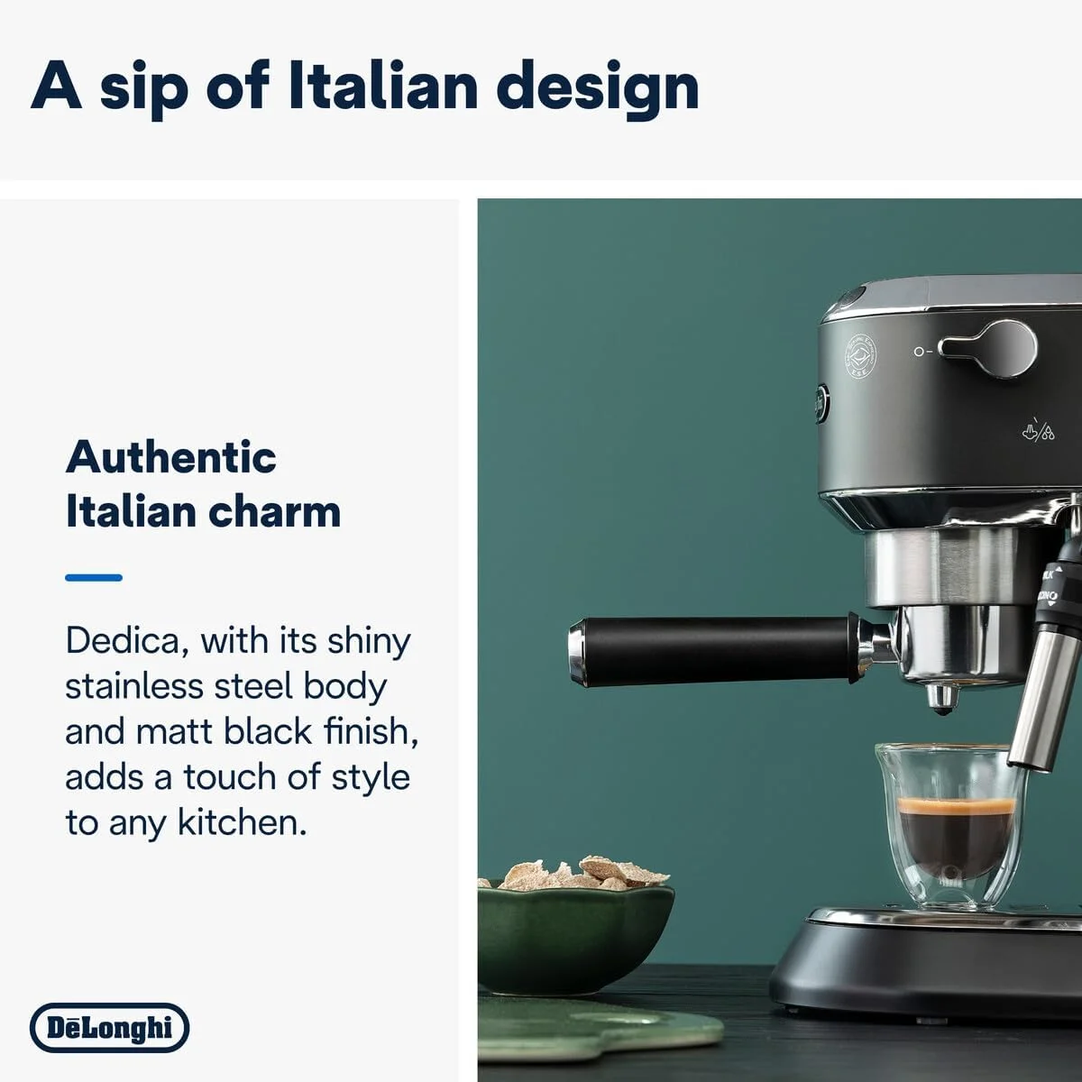 دستگاه اسپرسوساز دستی پمپ De'Longhi Dedica به همراه آسیاب قهوه برقی رایگان | کاپوچینو، لاته، کف شیر ساز | تیغه آسیاب استیل ضد زنگ با 12 تنظیمات | EC685.BK+KG79 (مشکی)