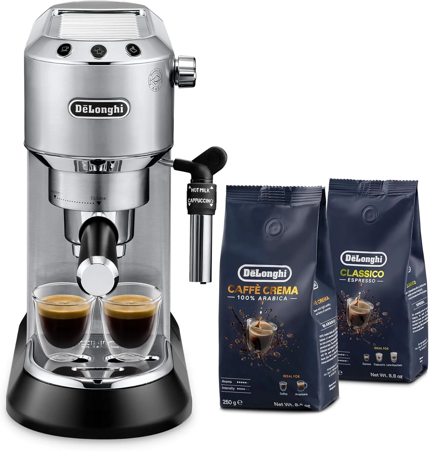 دستگاه اسپرسوساز دستی پمپی De'Longhi Dedica به همراه 2 بسته دانه قهوه کامل 100% عربیکا | کاپوچینو، لاته، کف شیر ساز | سیستم گرمایشی ترمو بلاک، 250 گرم در هر بسته، EC685.M+2BEANS (فلزی)
