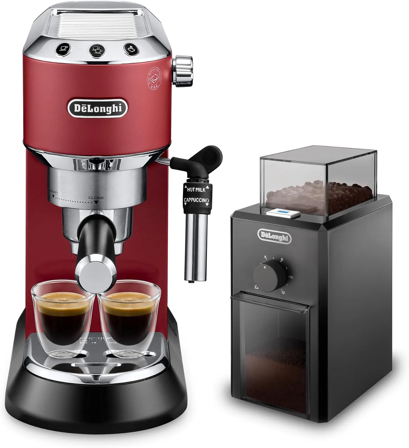 دستگاه اسپرسوساز دستی پمپی De'Longhi Dedica به همراه آسیاب قهوه برقی رایگان | کاپوچینو، لاته، کف شیر ساز | تیغه آسیاب استیل با 12 تنظیمات | EC685.R+KG79 (قرمز)