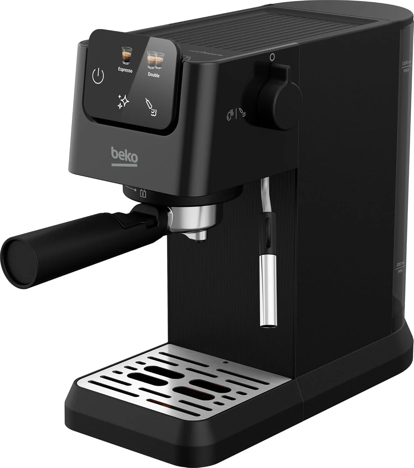 اسپرسوساز دیجیتال بکو با فشار 15 بار، ظرفیت 1.1 لیتر، توان 1628 وات، صفحه نمایش LCD، گرم کننده فنجان، استیل ضد زنگ، مخزن نگهداری دانه قهوه، فوم ساز شیر مدل CEG5302B - مشکی