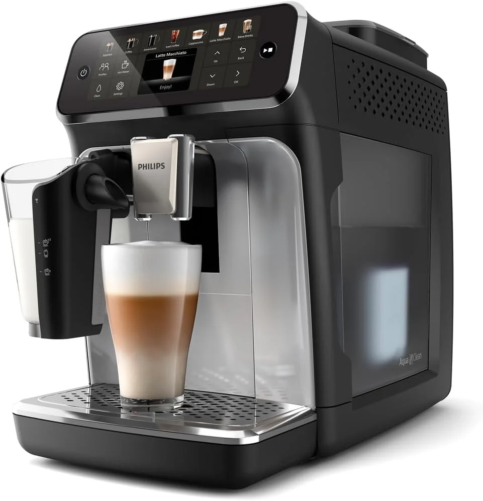 دستگاه اسپرسوساز تمام اتوماتیک فیلیپس EP4446/70 LatteGo، سری 4400، فناوری SilentBrew، شروع سریع، قهوه معطر از دانه های تازه آسیاب شده، 12 نوشیدنی گرم و سرد، کروم مشکی
