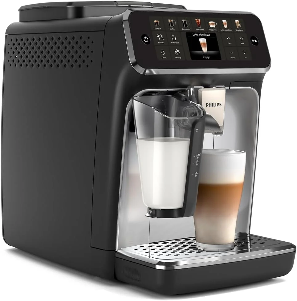 دستگاه اسپرسوساز تمام اتوماتیک فیلیپس EP4446/70 LatteGo، سری 4400، فناوری SilentBrew، شروع سریع، قهوه معطر از دانه های تازه آسیاب شده، 12 نوشیدنی گرم و سرد، کروم مشکی
