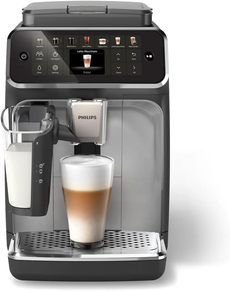 دستگاه اسپرسوساز تمام اتوماتیک فیلیپس EP4446/70 LatteGo، سری 4400، فناوری SilentBrew، شروع سریع، قهوه معطر از دانه های تازه آسیاب شده، 12 نوشیدنی گرم و سرد، کروم مشکی