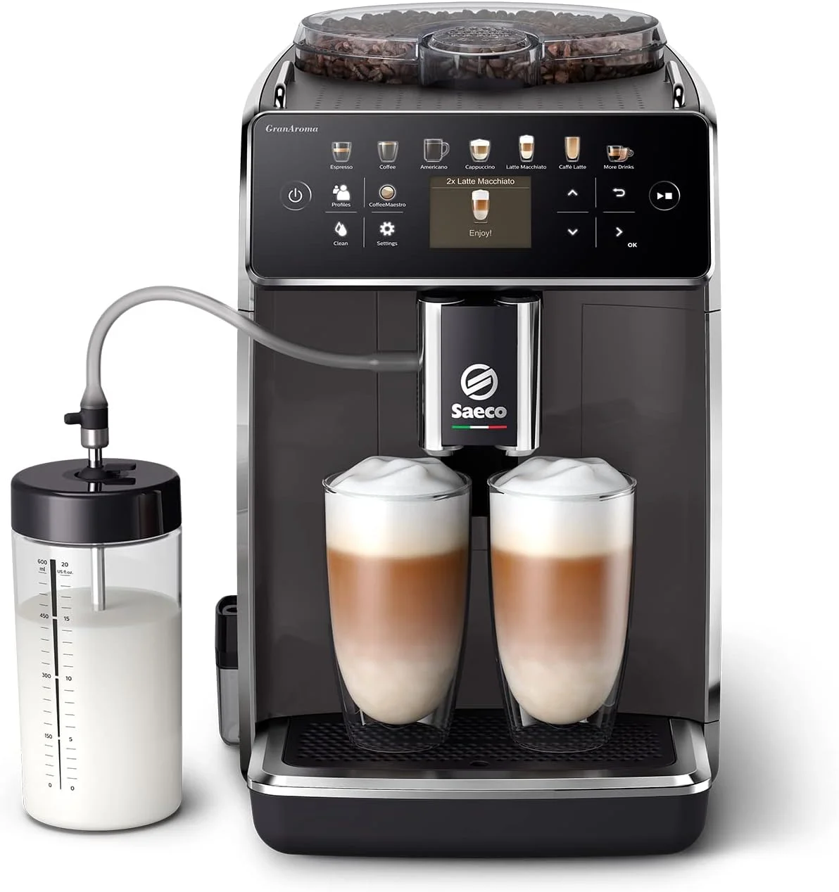 دستگاه قهوه ساز تمام اتوماتیک Saeco GranAroma SM6580/10 (14 نوع قهوه تخصصی، 4 پروفایل کاربری، صفحه نمایش رنگی TFT) خاکستری