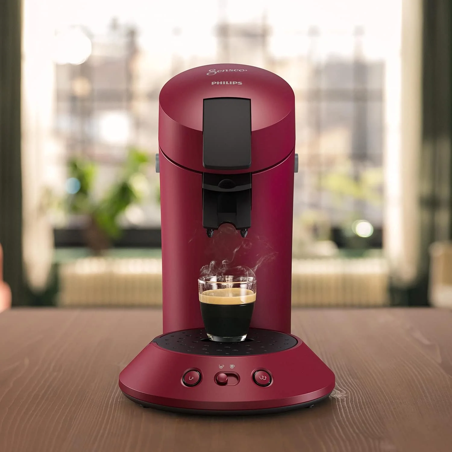 Philips Senseo Original Plus Coffee Pod Machine with Coffee Strength Selection, Coffee Boost Technology, Recycled Plastic, Colour: Dark Red (CSA210/90)