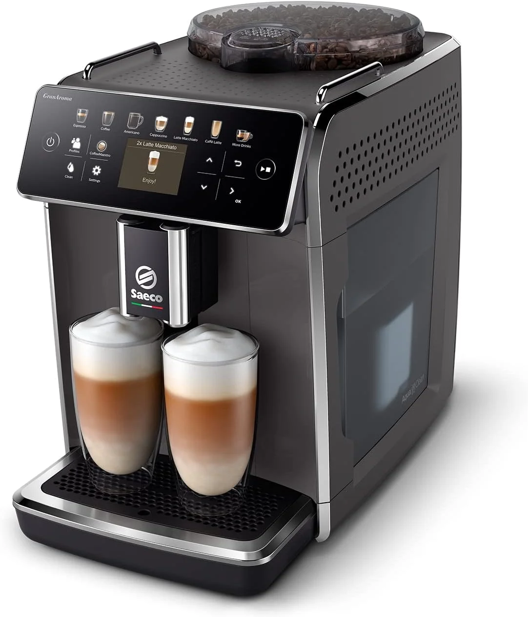 دستگاه قهوه ساز تمام اتوماتیک Saeco GranAroma SM6580/10 (14 نوع قهوه تخصصی، 4 پروفایل کاربری، صفحه نمایش رنگی TFT) خاکستری