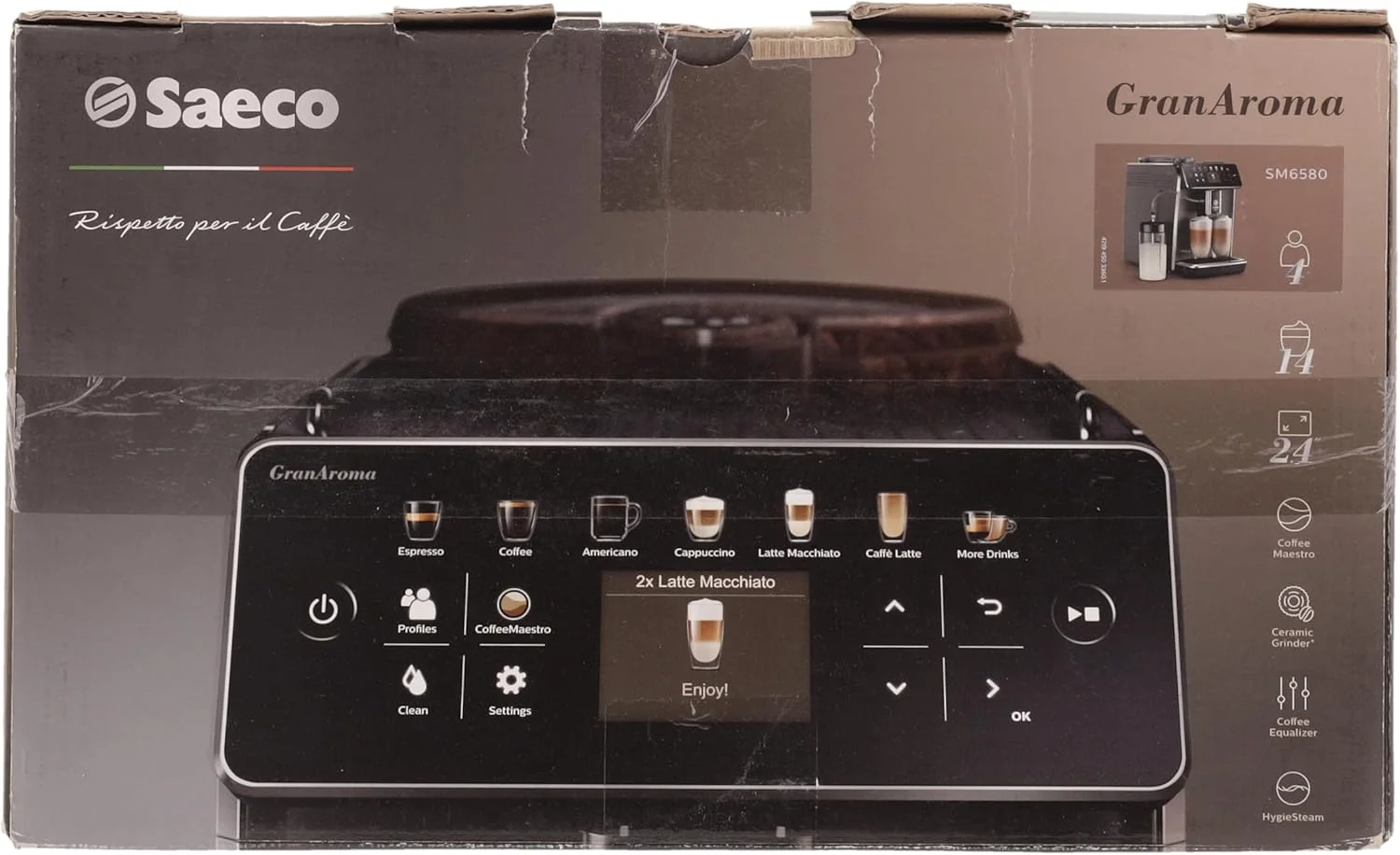 دستگاه قهوه ساز تمام اتوماتیک Saeco GranAroma SM6580/10 (14 نوع قهوه تخصصی، 4 پروفایل کاربری، صفحه نمایش رنگی TFT) خاکستری