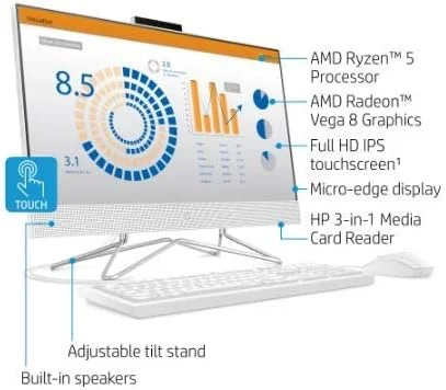 کامپیوتر همه کاره HP مدل 24-df0076 با صفحه نمایش لمسی 23.8 اینچی IPS، پردازنده AMD Ryzen 5 3500U، رم 8 گیگابایتی، هارد دیسک 1 ترابایتی، HDMI، WiFi، وب کم، کیبورد و ماوس، ویندوز 10