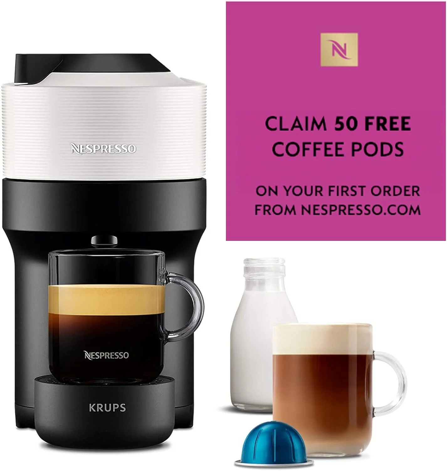 دستگاه قهوه ساز کپسولی نسپرسو Vertuo Pop توسط Krups، 560 میلی لیتر، سفید نارگیلی، XN920140 - نسخه بین المللی - بدون گارانتی نسپرسو