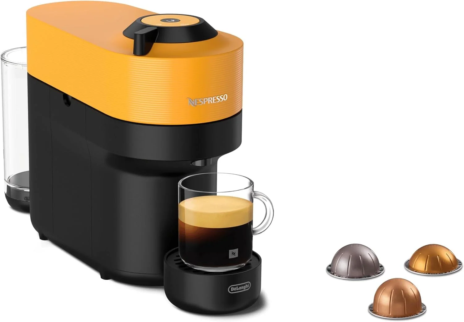 دستگاه قهوه ساز نسپرسو Vertuo Pop توسط De'Longhi، بیش از 30 نوع کپسول، ردپای جمع و جور، آمریکانو، مجموعه کپسول استارتر شامل، ENV90.Y، زرد