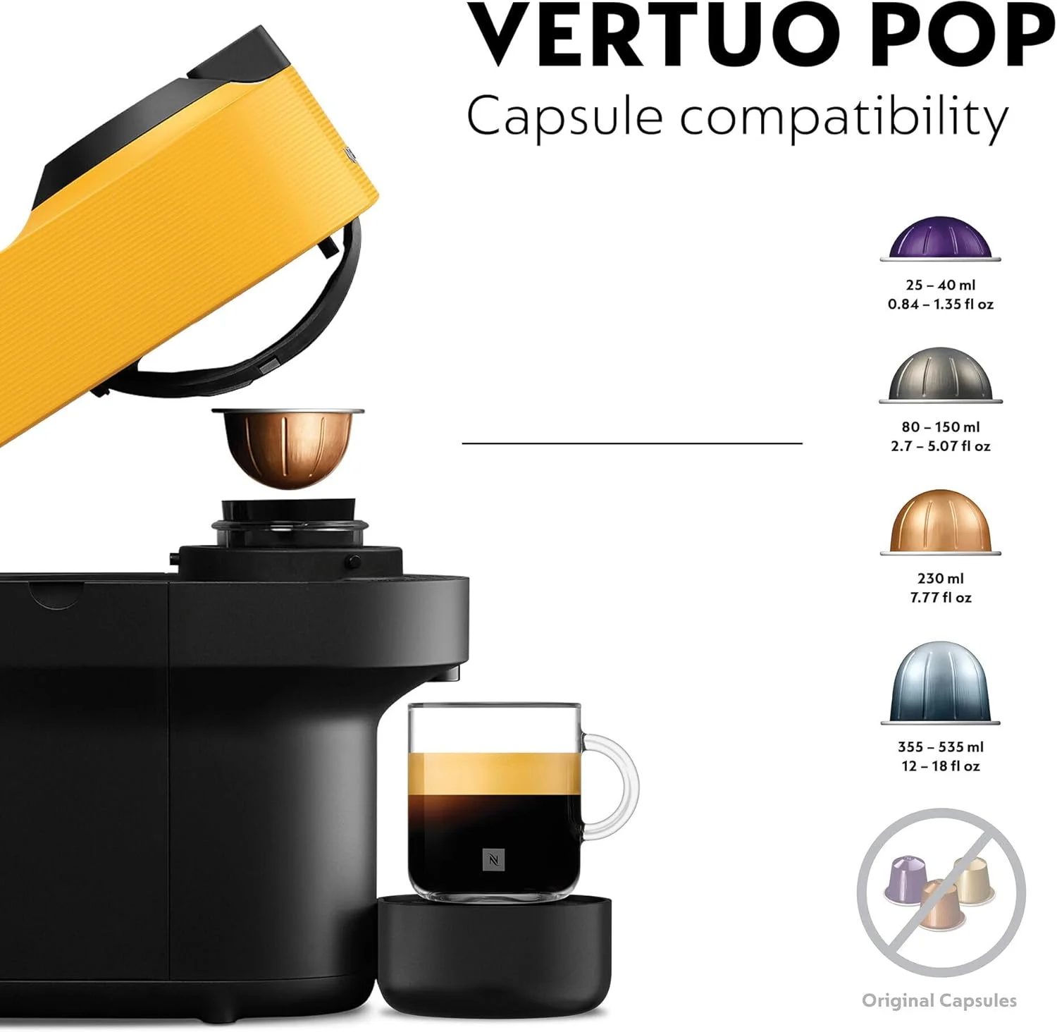 دستگاه قهوه ساز نسپرسو Vertuo Pop توسط De'Longhi، بیش از 30 نوع کپسول، ردپای جمع و جور، آمریکانو، مجموعه کپسول استارتر شامل، ENV90.Y، زرد دستگاه قهوه ساز نسپرسو Vertuo Pop توسط De'Longhi، بیش از 30 نوع کپسول، ردپای جمع و جور، آمریکانو، مجموعه کپسول استارتر شامل، ENV90.Y، زرد