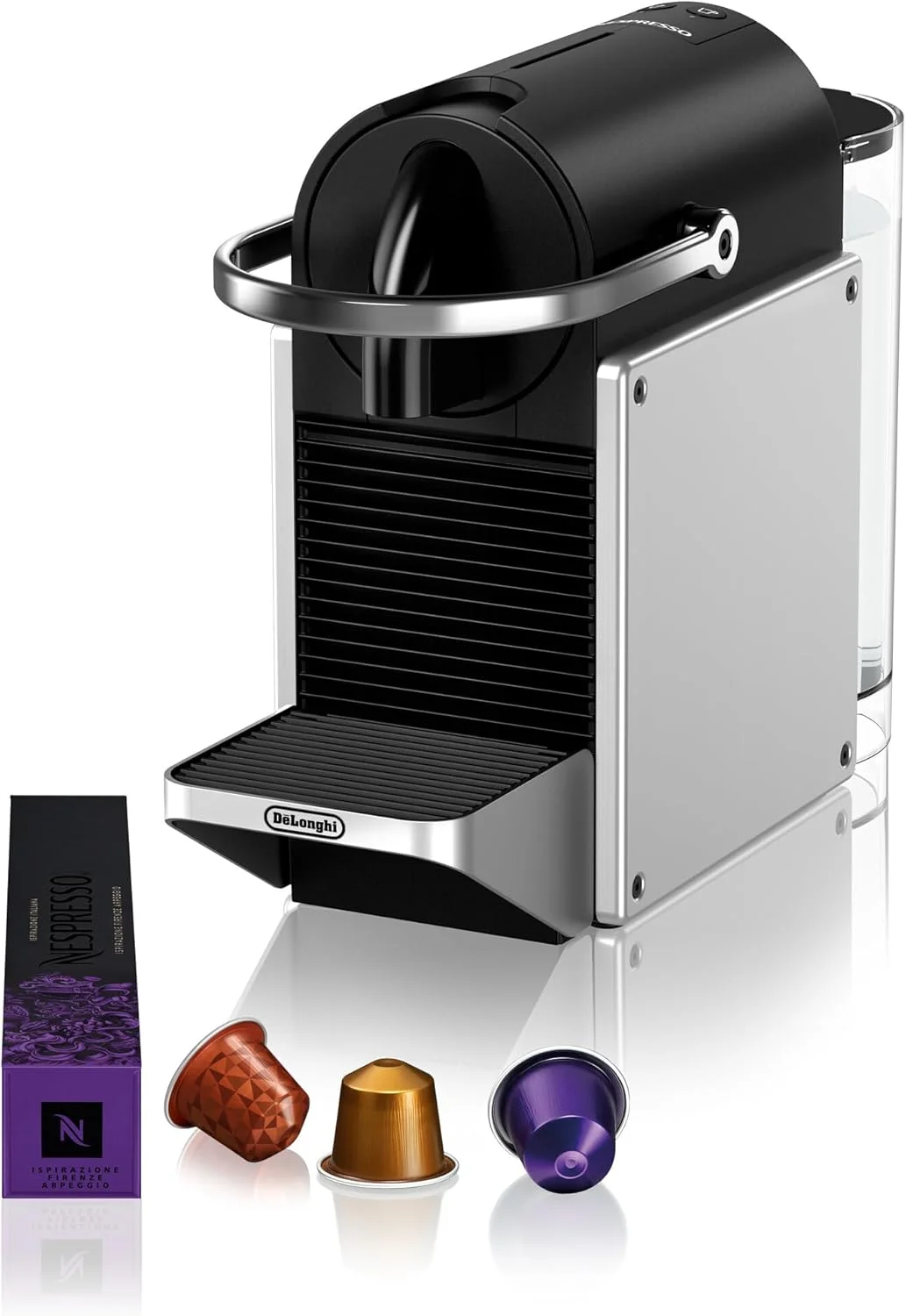 دستگاه قهوه ساز اتوماتیک نسپرسو De'Longhi Pixie EN127.S، دستگاه قهوه ساز تک دکمه ای با عملکرد چندگانه، دارای ست خوش آمد گویی، طراحی جمع و جور، فشار 19 بار، 1260 وات، نقره ای