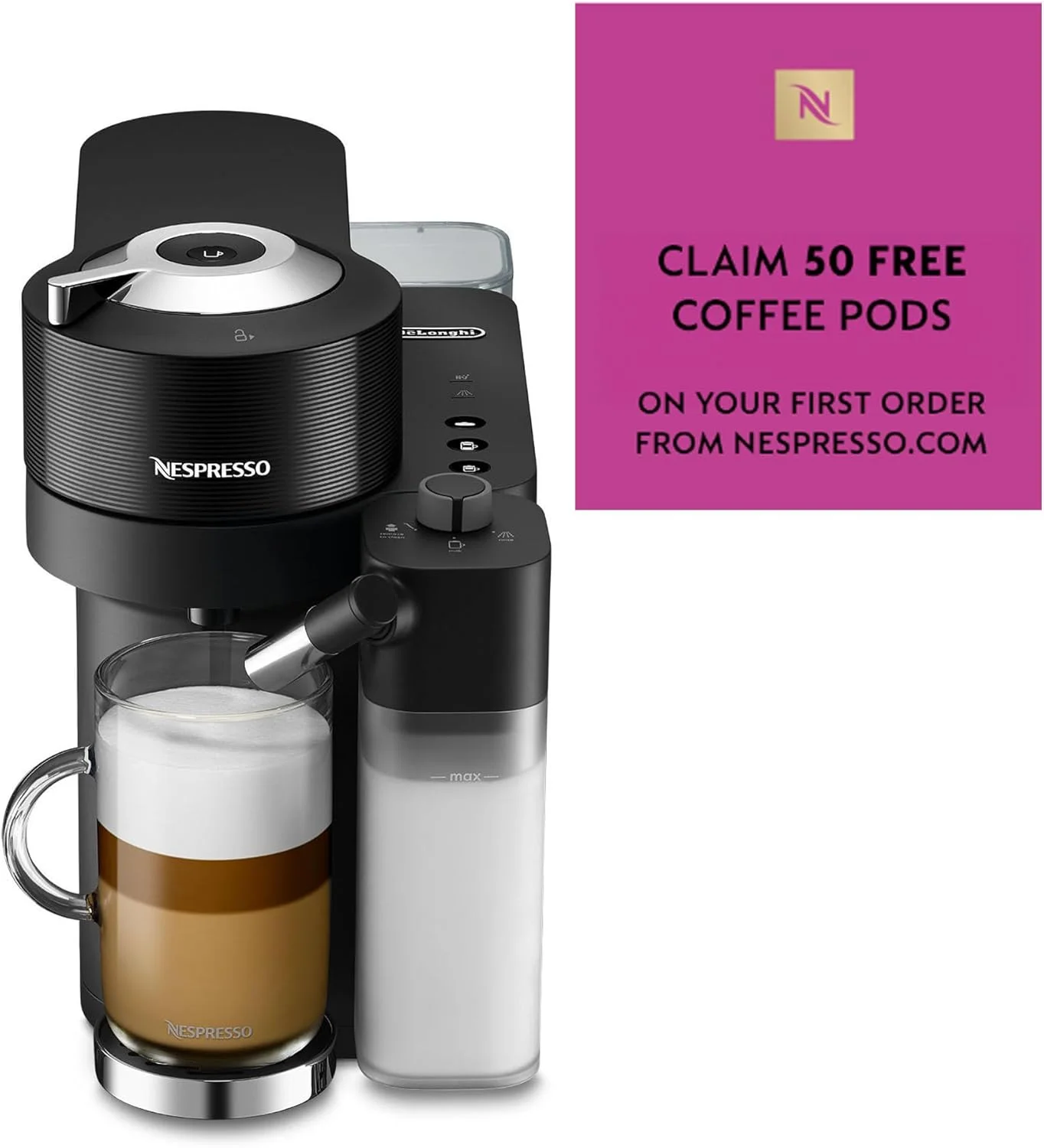 دستگاه قهوه ساز اتوماتیک نسپرسو Vertuo Lattissima ENV300.B دلونگی با فوم ساز شیر اتوماتیک، دستگاه قهوه کپسولی تک نفره، 5 سایز فنجان، 1500 وات، مشکی مات و براق