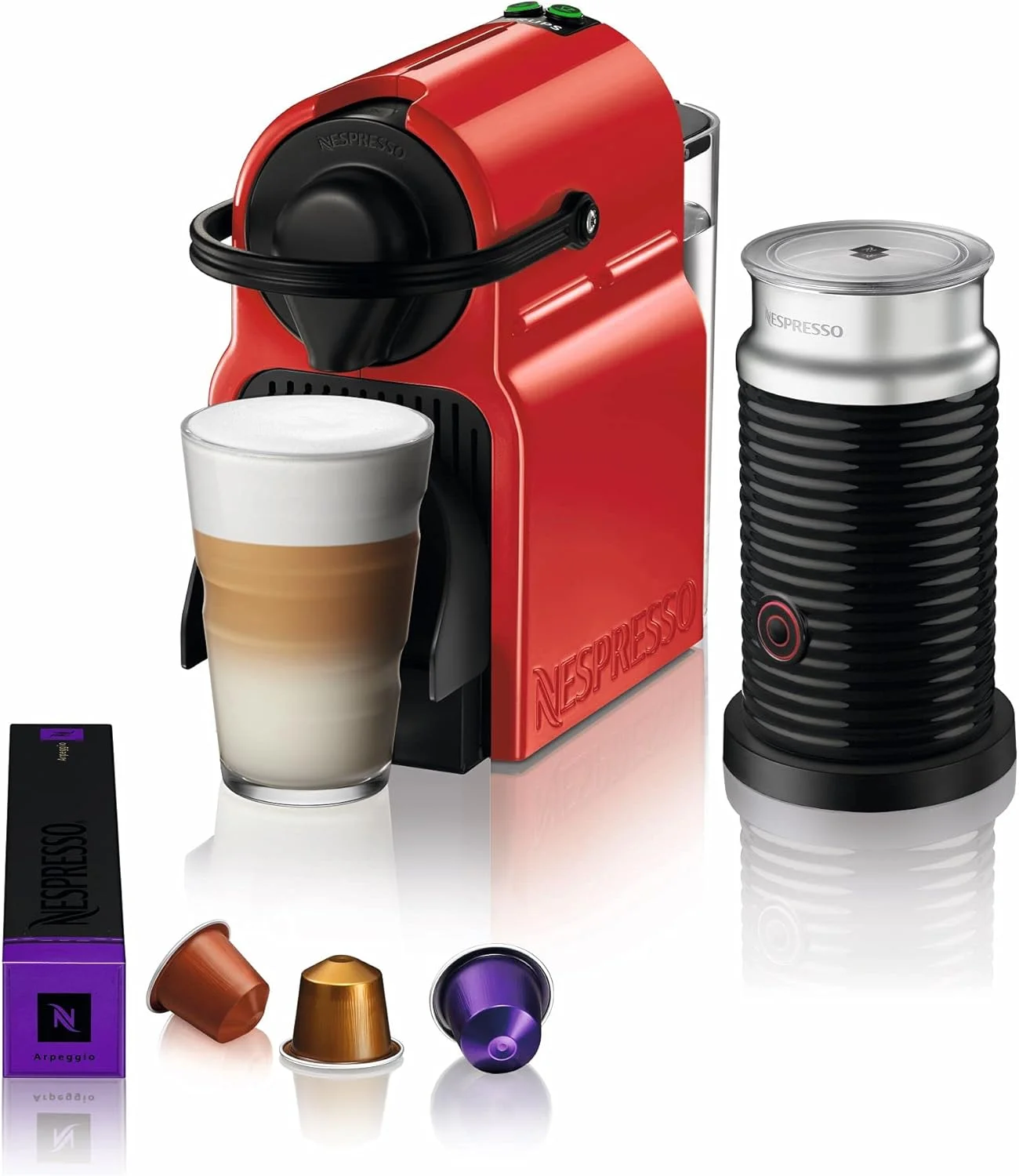 دستگاه قهوه ساز نسپرسو Inissia به همراه Aeroccino 3 توسط نسپرسو، قرمز یاقوتی - نسخه امارات (بازسازی شده)
