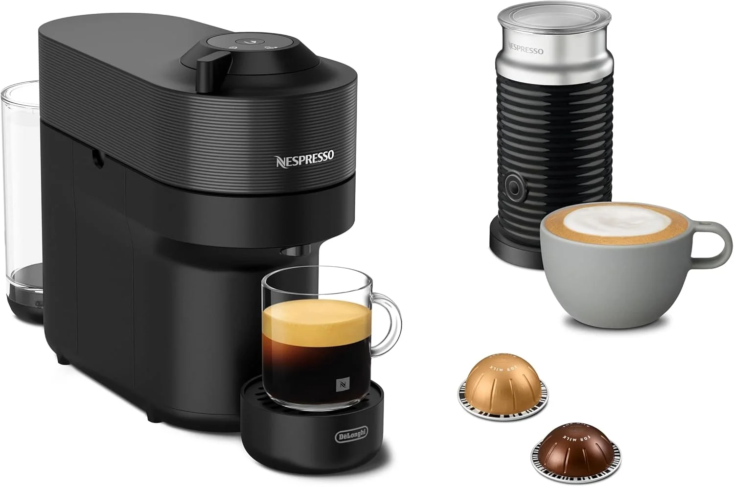 دستگاه قهوه کپسولی نسپرسو De'Longhi ENV90.BAE Vertuo Pop + کف ساز شیر Aeroccino، آماده سازی 4 سایز فنجان، فناوری Centrifusion، شامل بسته خوش آمدگویی، 1260 وات، مشکی شیرین بیان