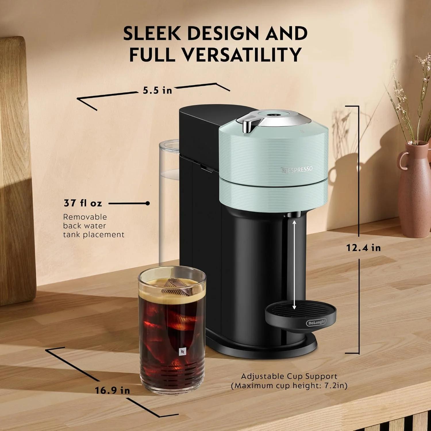 دستگاه قهوه و اسپرسو ساز نسپرسو Vertuo Next توسط DeLonghi، رنگ یشمی