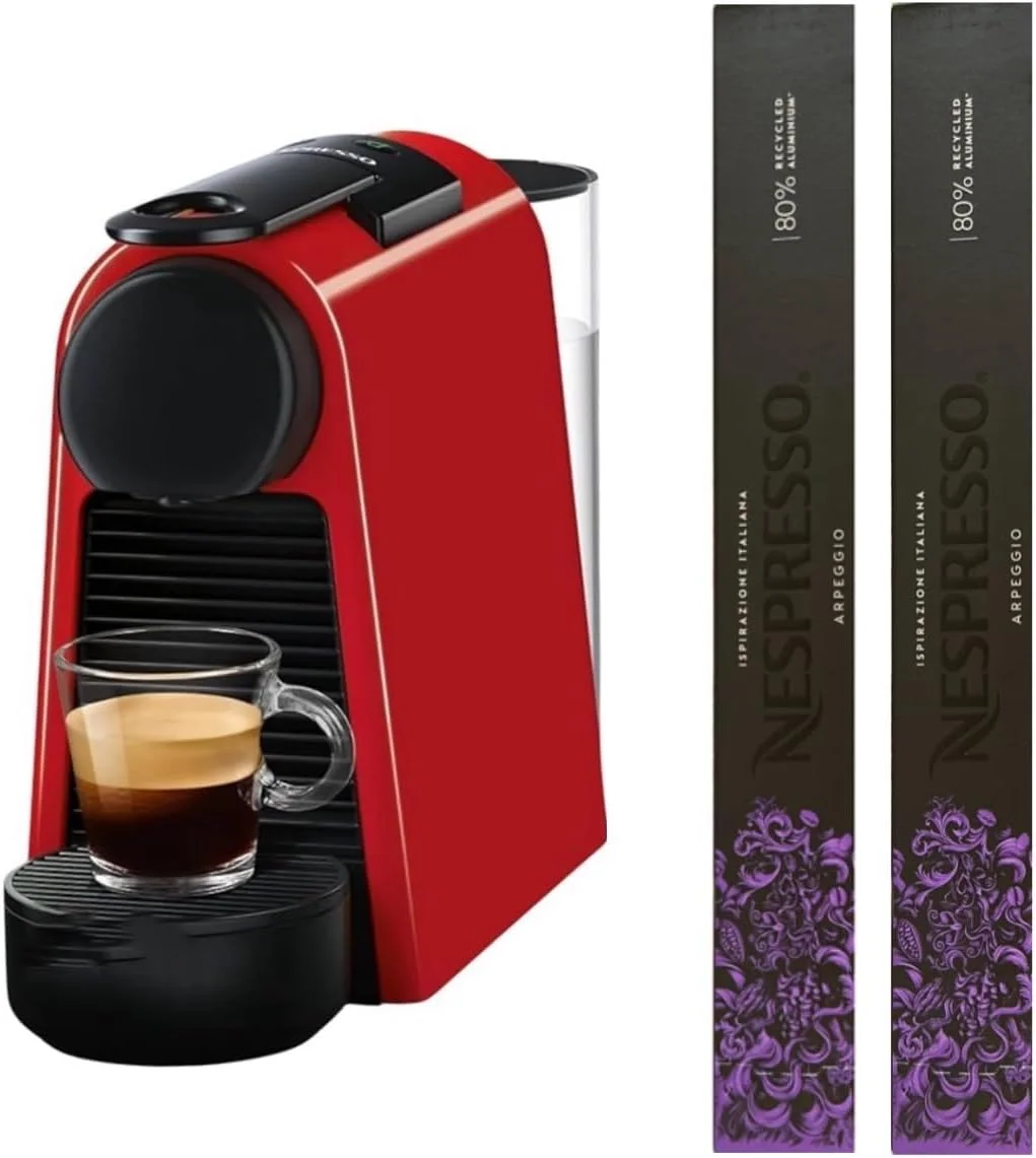 دستگاه قهوه ساز نسپرسو Essenza Mini EN85.R، ساخت De'Longhi، سیستم کپسولی اورجینال، مخزن آب 0.6 لیتری، قرمز یاقوتی به همراه 20 کپسول اورجینال Firenze Arpeggio
