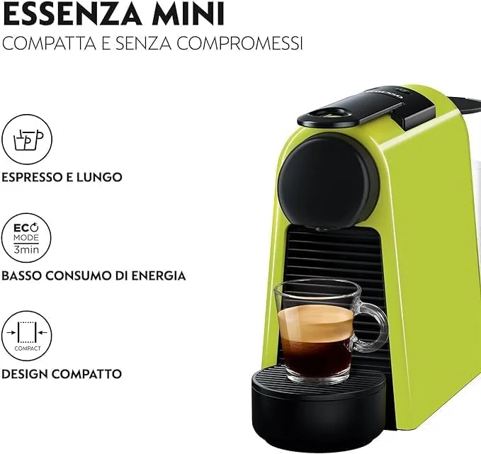 دستگاه قهوه ساز نسپرسو Essenza Mini EN85.L، ساخت De'Longhi، سیستم کپسولی اورجینال، مخزن آب 0.6 لیتری، سبز لیمویی