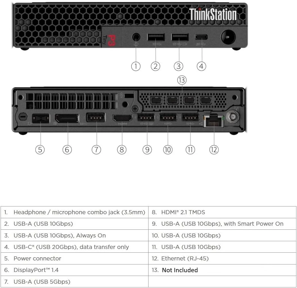 ایستگاه کاری Lenovo ThinkStation P3 Tiny Gen 2 با پردازنده Intel Core Ultra 5 235 vPro، حافظه 16 گیگابایتی DDR5-5600MT، حافظه SSD 512 گیگابایتی، WiFi 7 و Windows 11 Pro