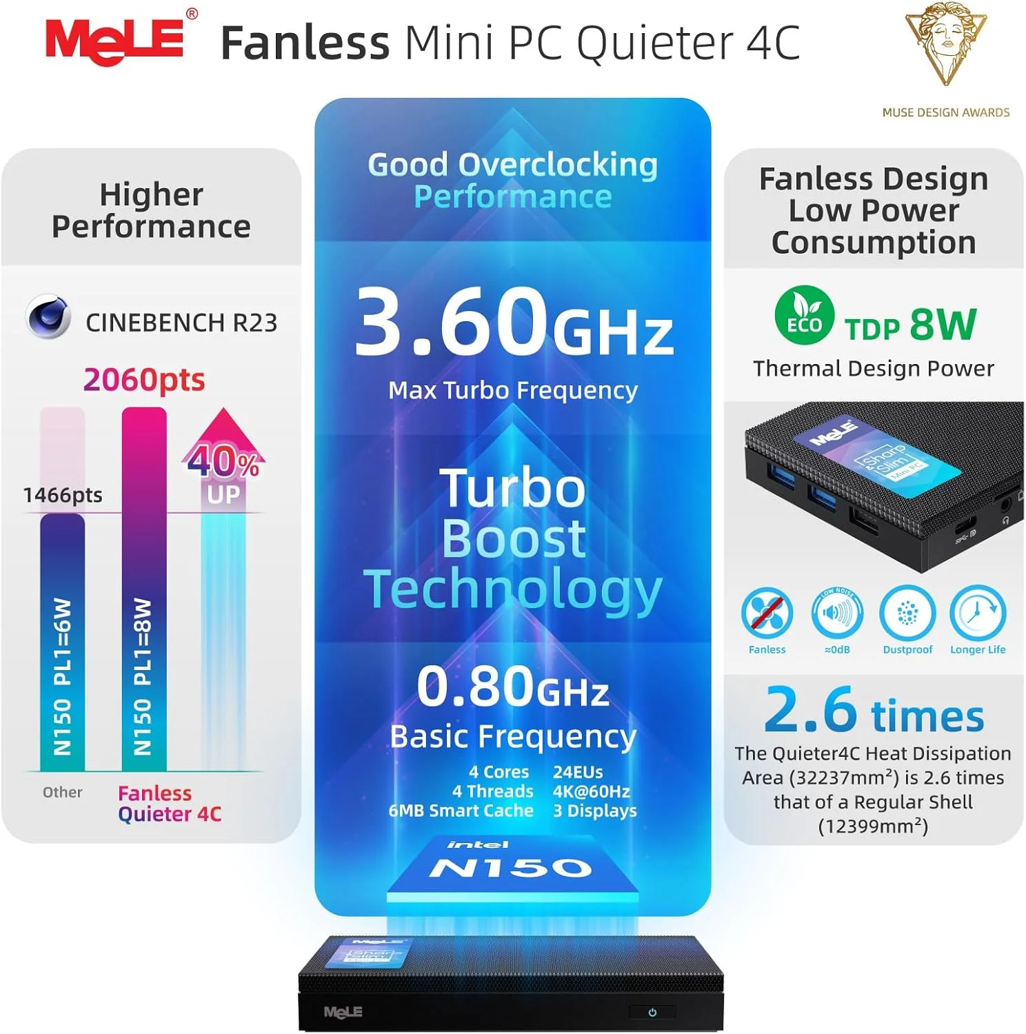 مینی کامپیوتر بدون فن فوق العاده بی صدا MeLE Quieter4C N150 - حافظه 16 گیگابایتی، SSD 512 گیگابایتی - کامپیوتر جمع و جور با USB-C کاربردی و HDMI دوگانه