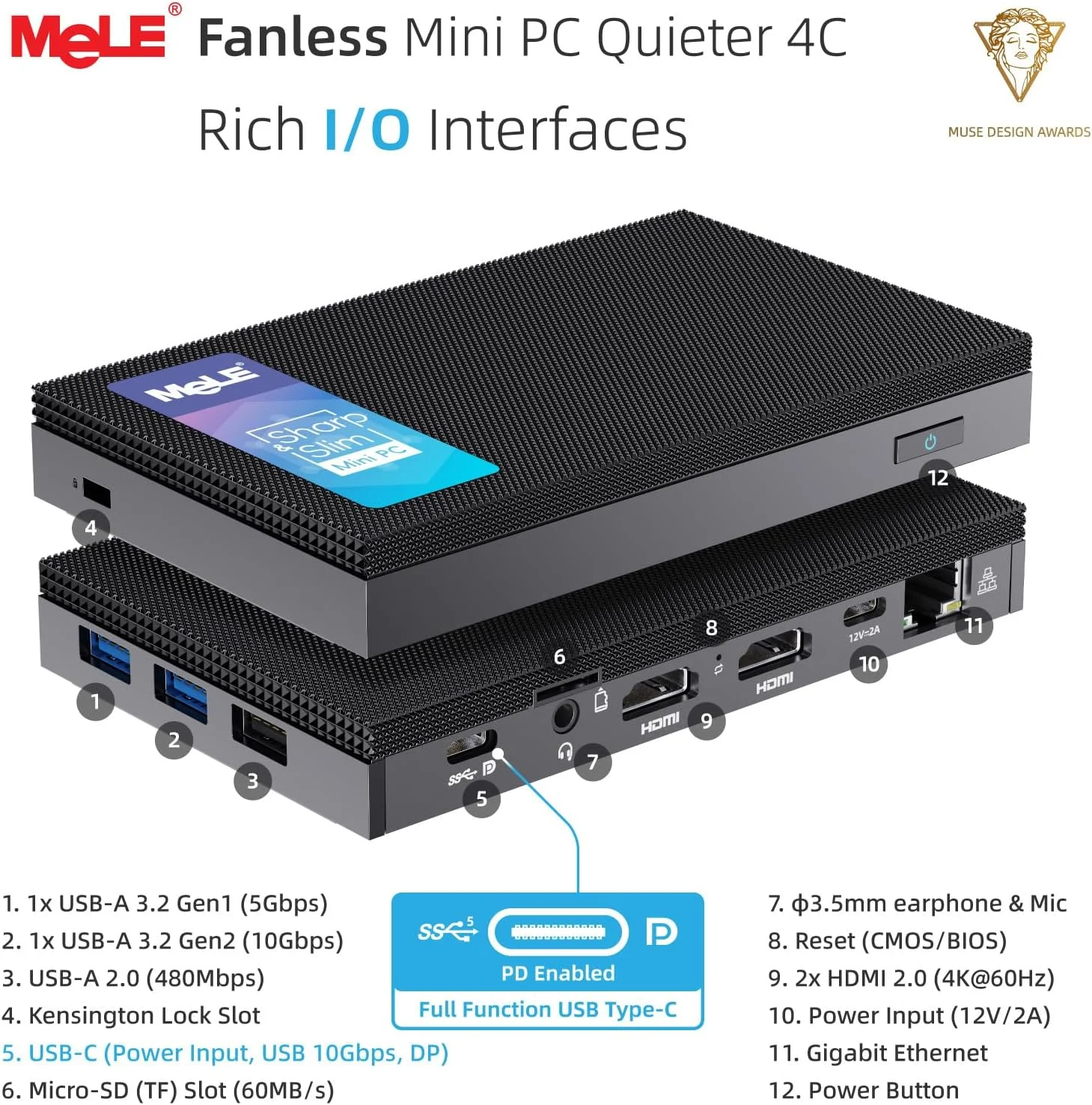 مینی کامپیوتر بدون فن فوق العاده بی صدا MeLE Quieter4C N150 - حافظه 16 گیگابایتی، SSD 512 گیگابایتی - کامپیوتر جمع و جور با USB-C کاربردی و HDMI دوگانه